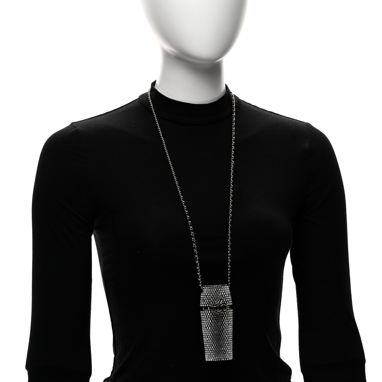 Chanel Metal Resin Lambskin Crystal Lipstick Case Long Necklace On Chain Silver Black Gold