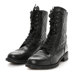 Chanel Sheepskin Quilted CC Tall Lace Up Combat Boots 38.5 Black
