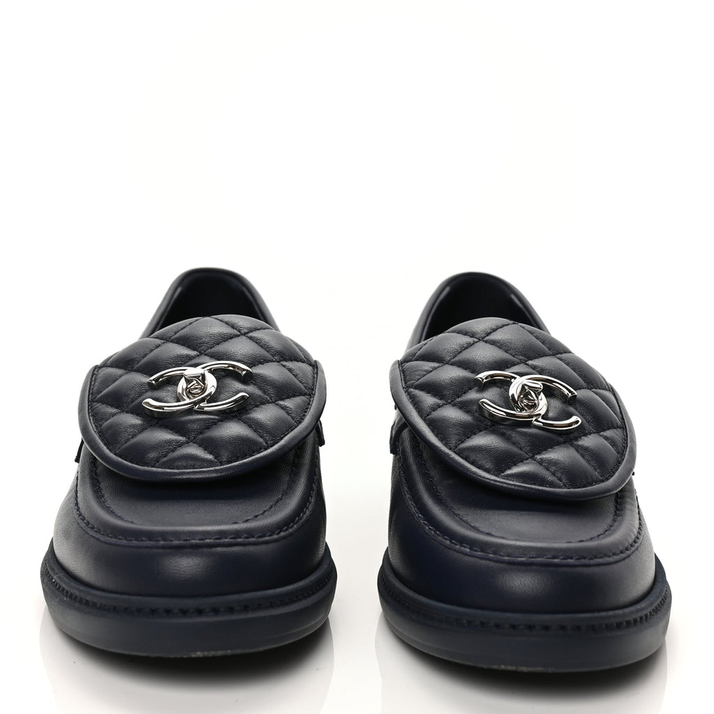 Chanel Lambskin Quilted CC Turnlock Loafers 38.5 Navy