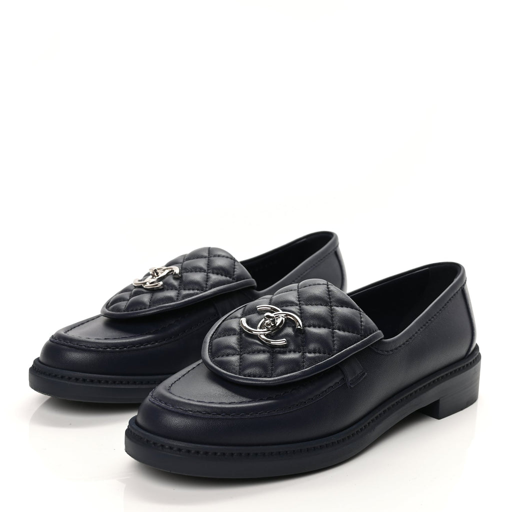 Chanel Lambskin Quilted CC Turnlock Loafers 38.5 Navy