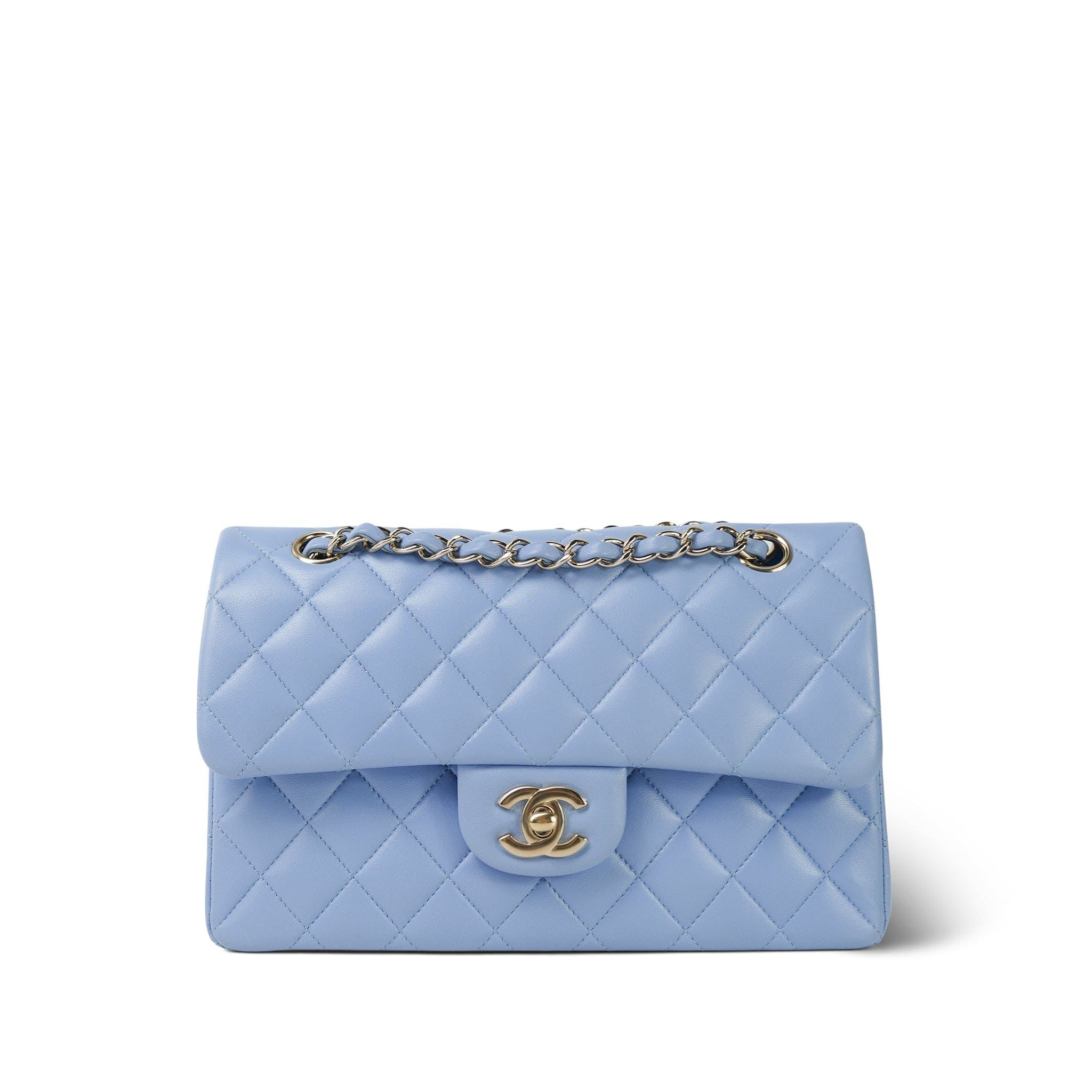Chanel 21C Sky Blue Lambskin Quilted Classic Flap Small Light Gold Hardware
