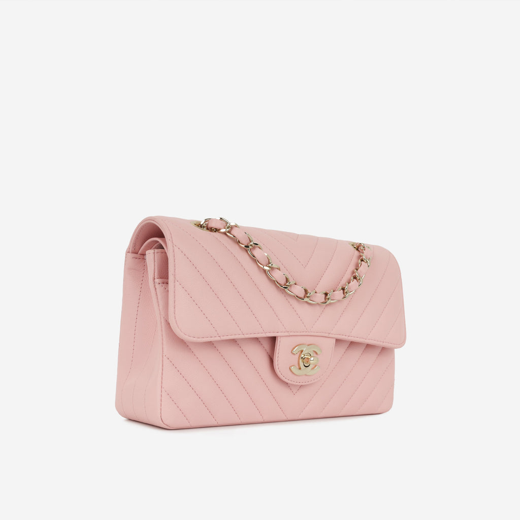 Chanel Small Classic Flap - Matte Pink Chevron | Gold Hardware