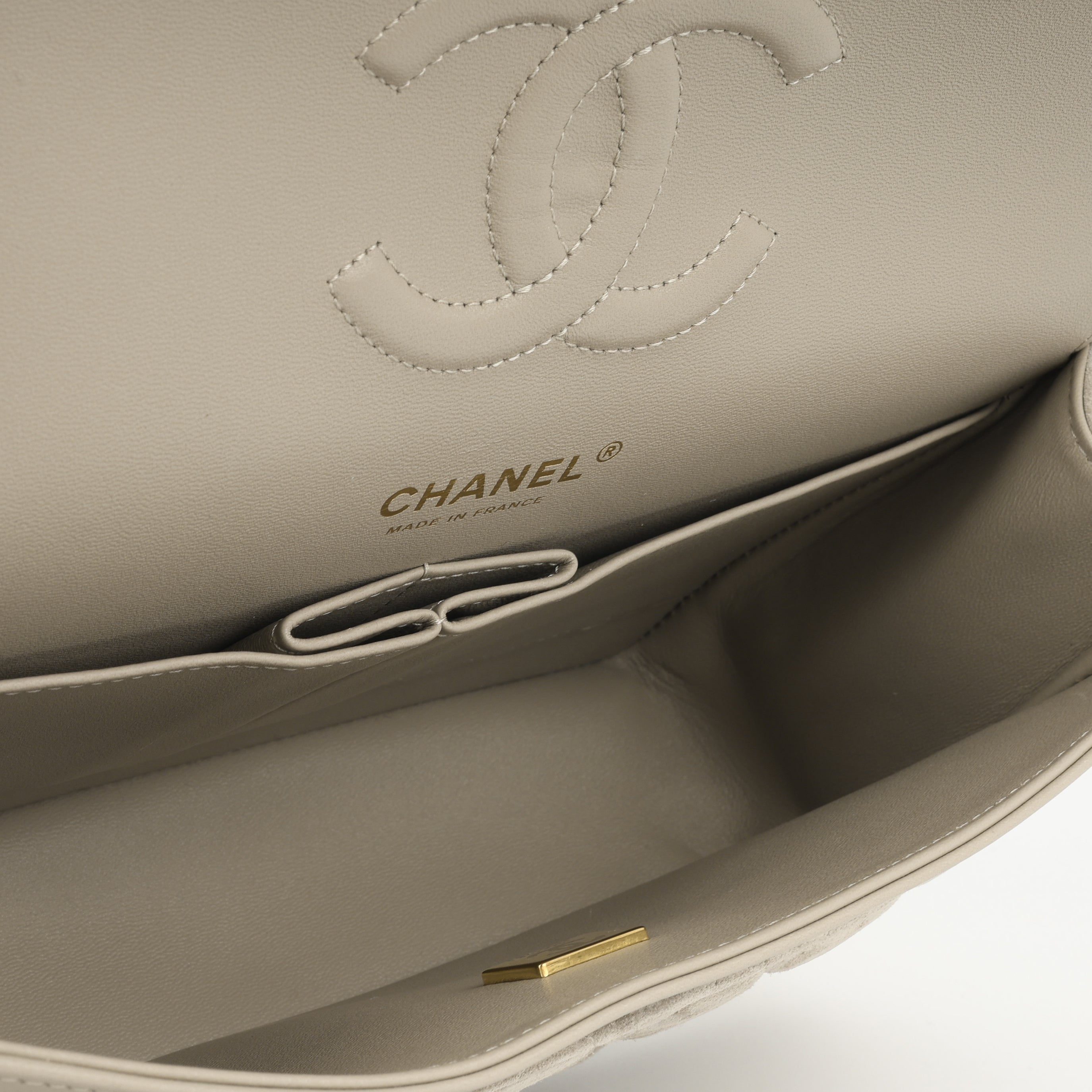 Chanel Medium Classic Flap - Mink Suede | Champagne Gold Hardware