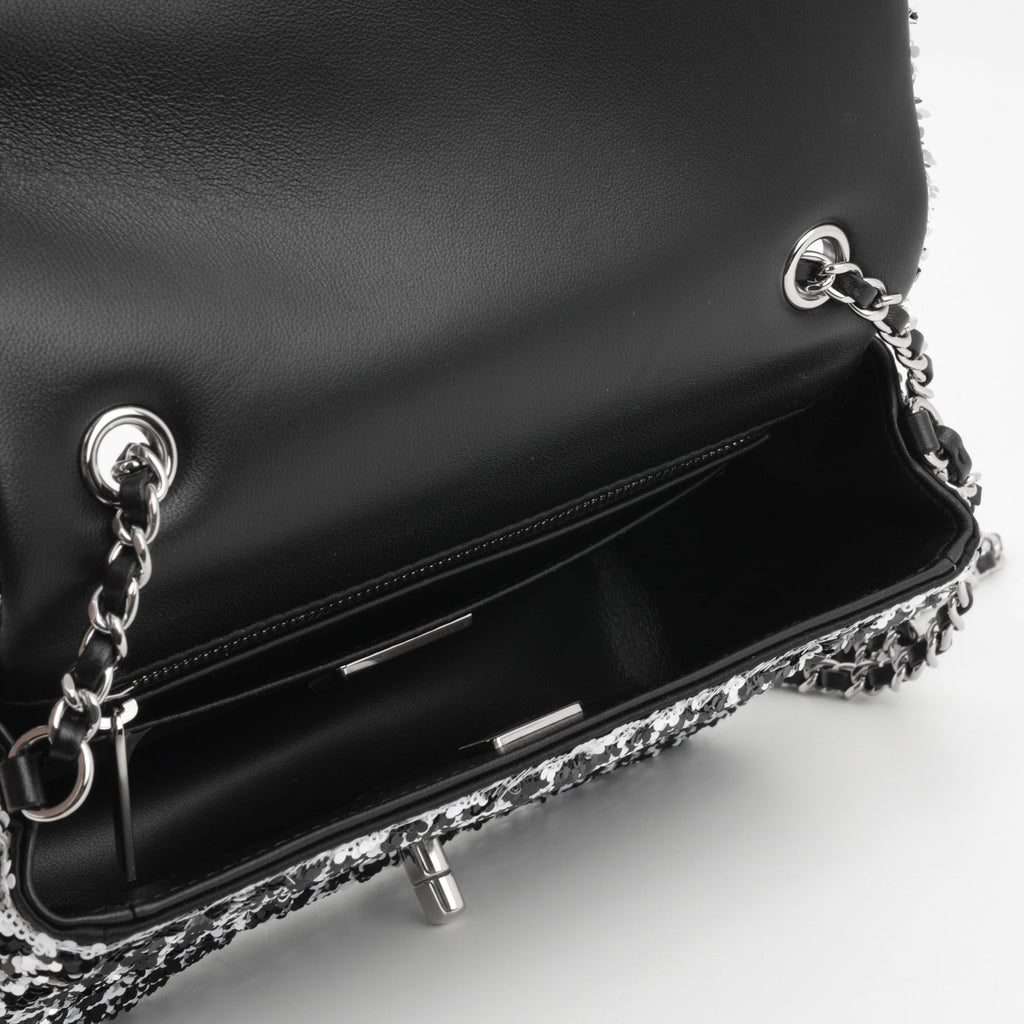 Chanel Mini Rectangular - Black / White Sequin | Silver Hardware
