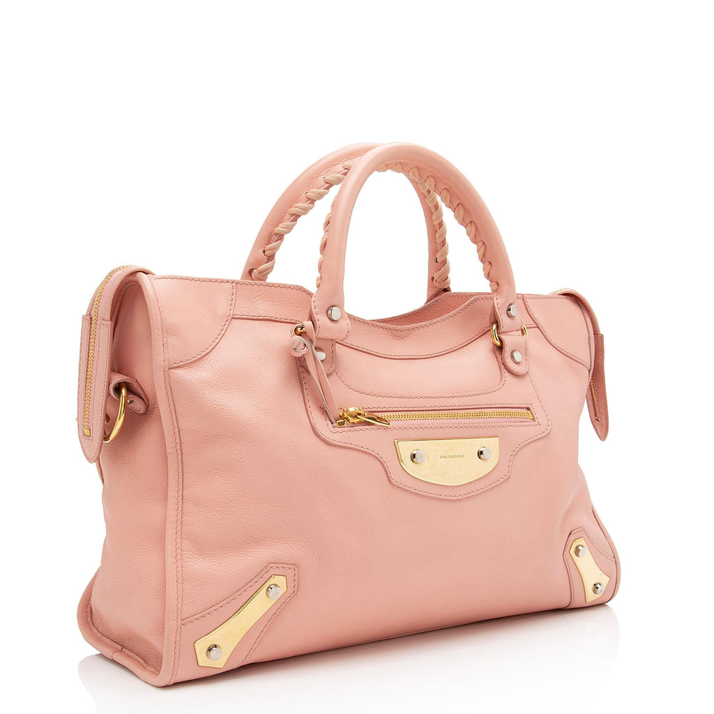 Balenciaga Agneau Metal Plate Classic City Satchel (SHF-B6AuKw)