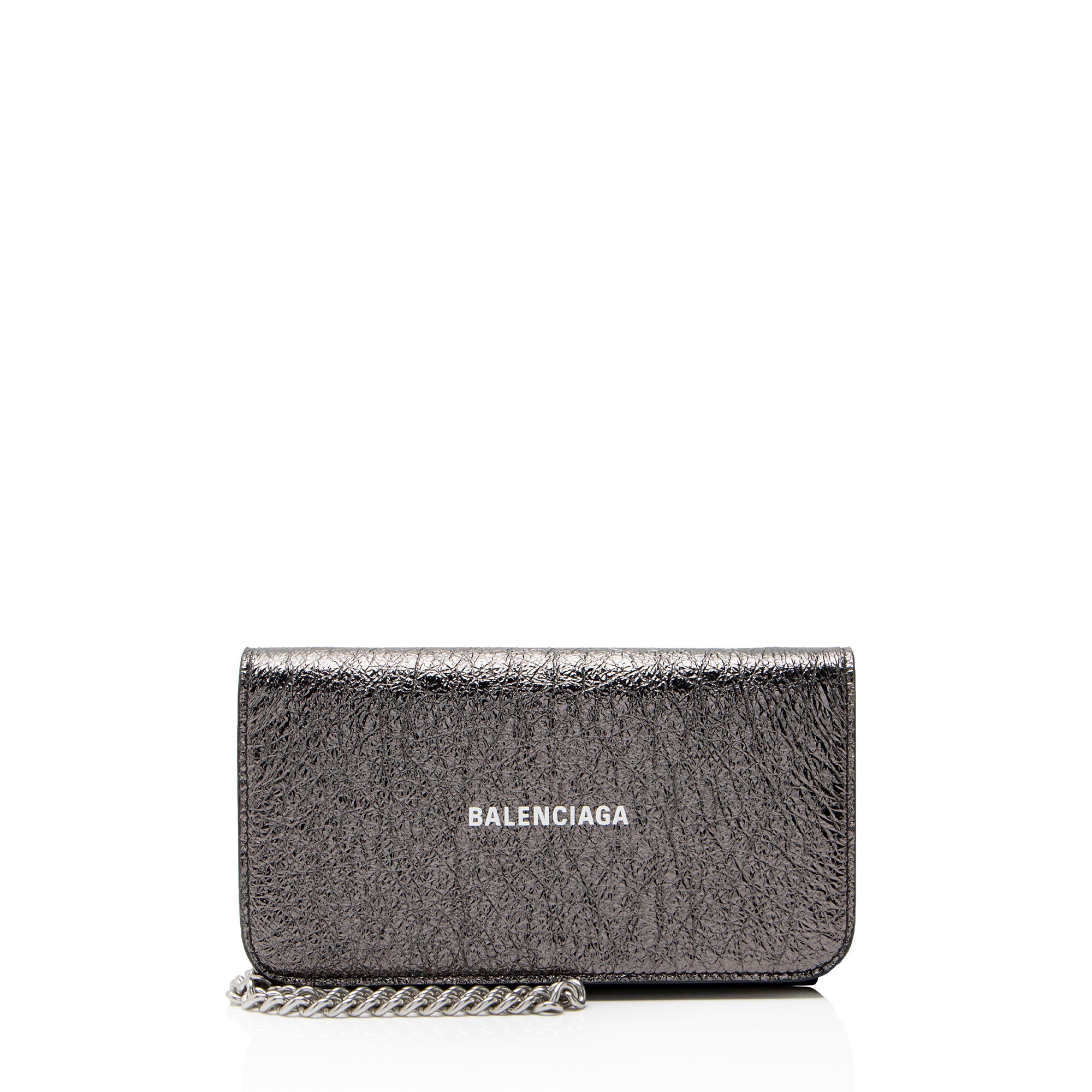 Balenciaga Crinkled Patent Logo Cash Phone Holder on Chain