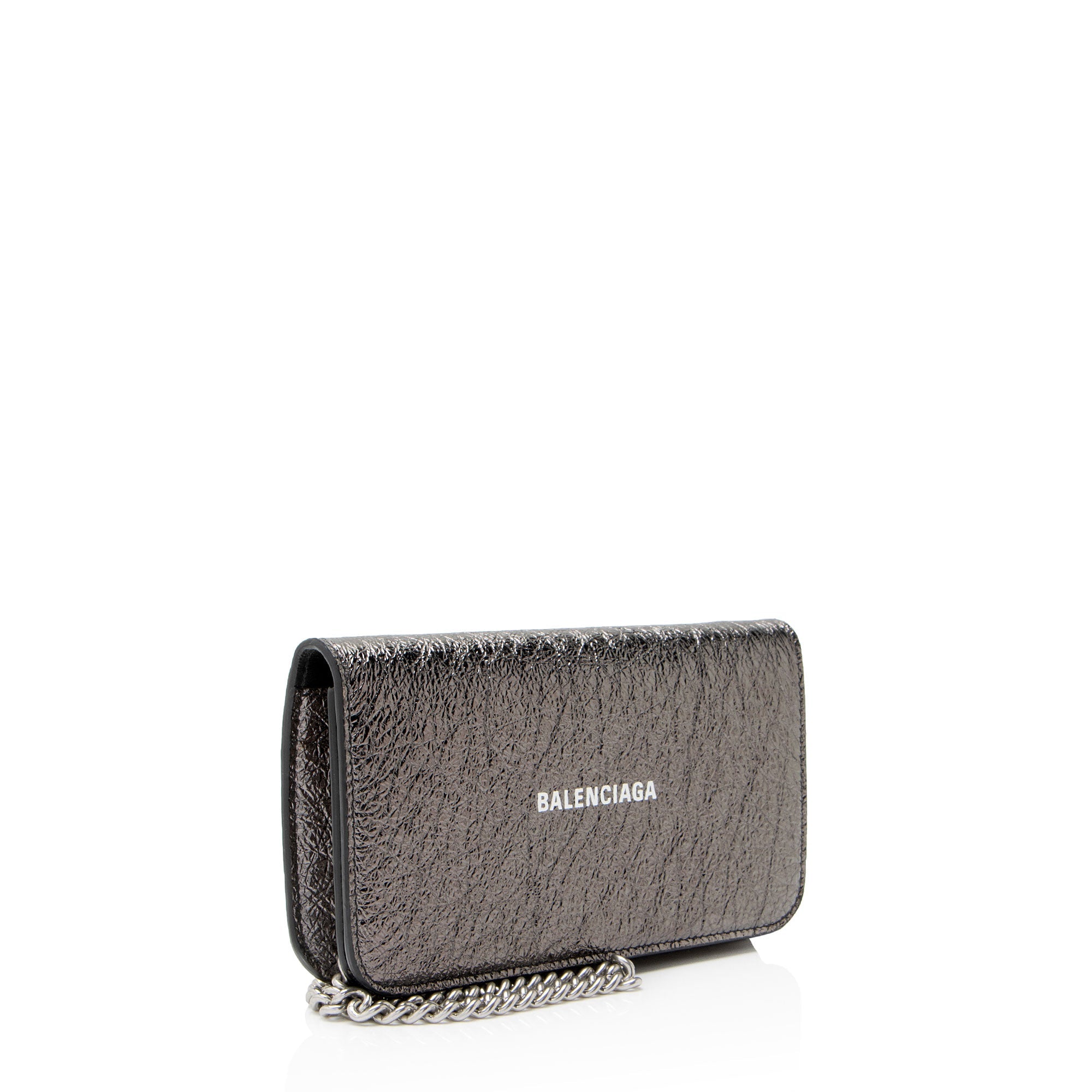 Balenciaga Crinkled Patent Logo Cash Phone Holder on Chain