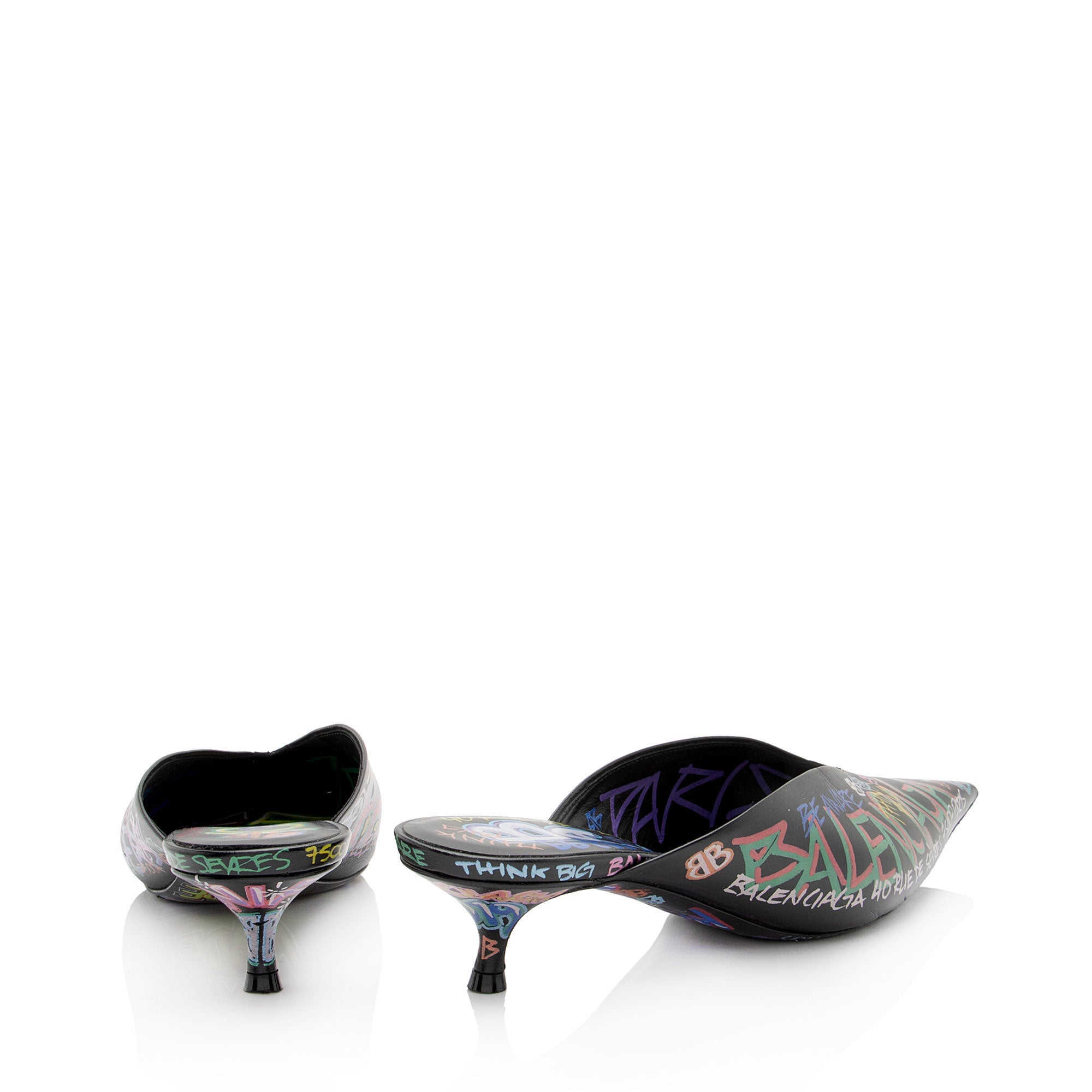 Balenciaga Leather Graffiti Knife Kitten Heel Mules - Size 8 / 38 (SHF-o5LLj3)