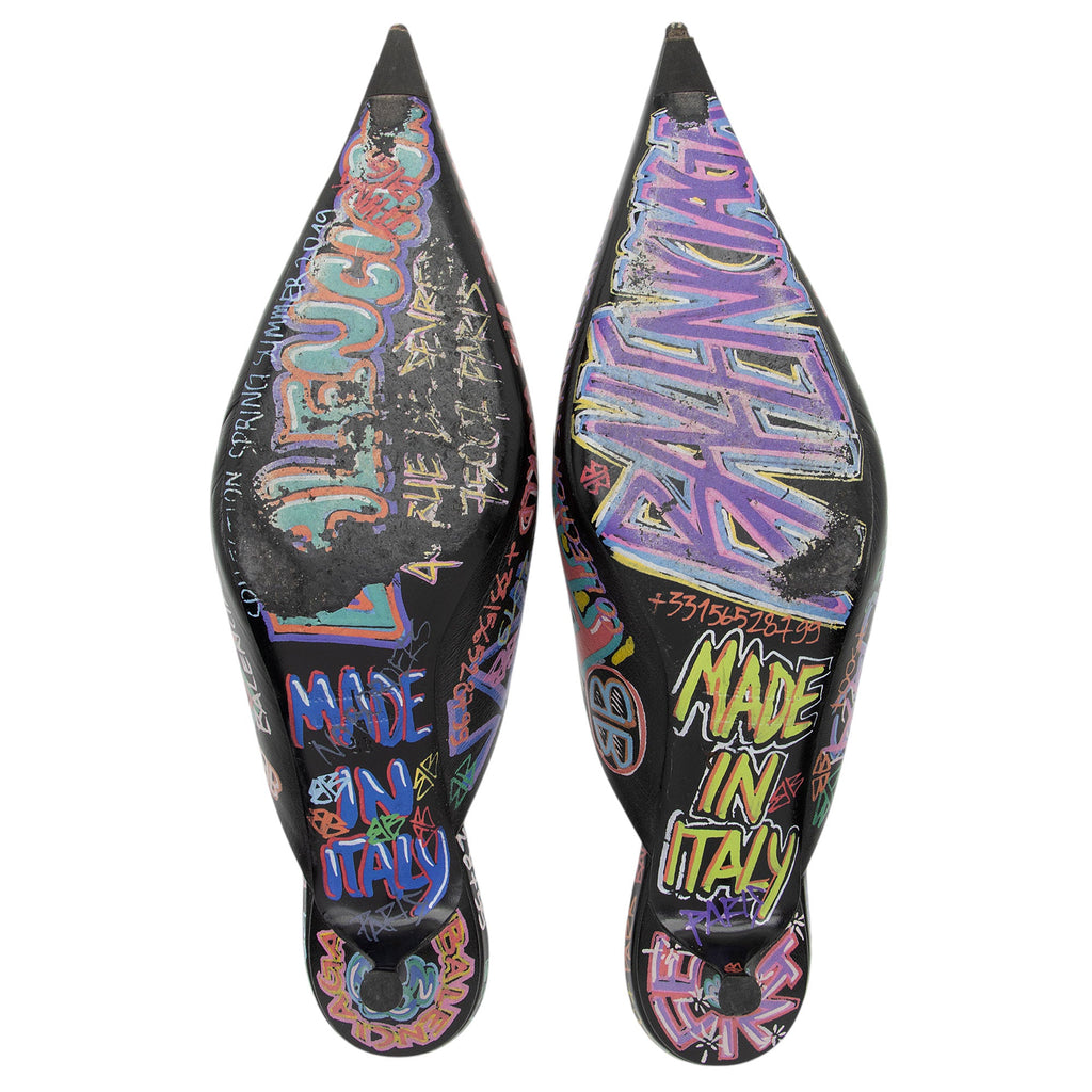 Balenciaga Leather Graffiti Knife Kitten Heel Mules - Size 8 / 38 (SHF-o5LLj3)