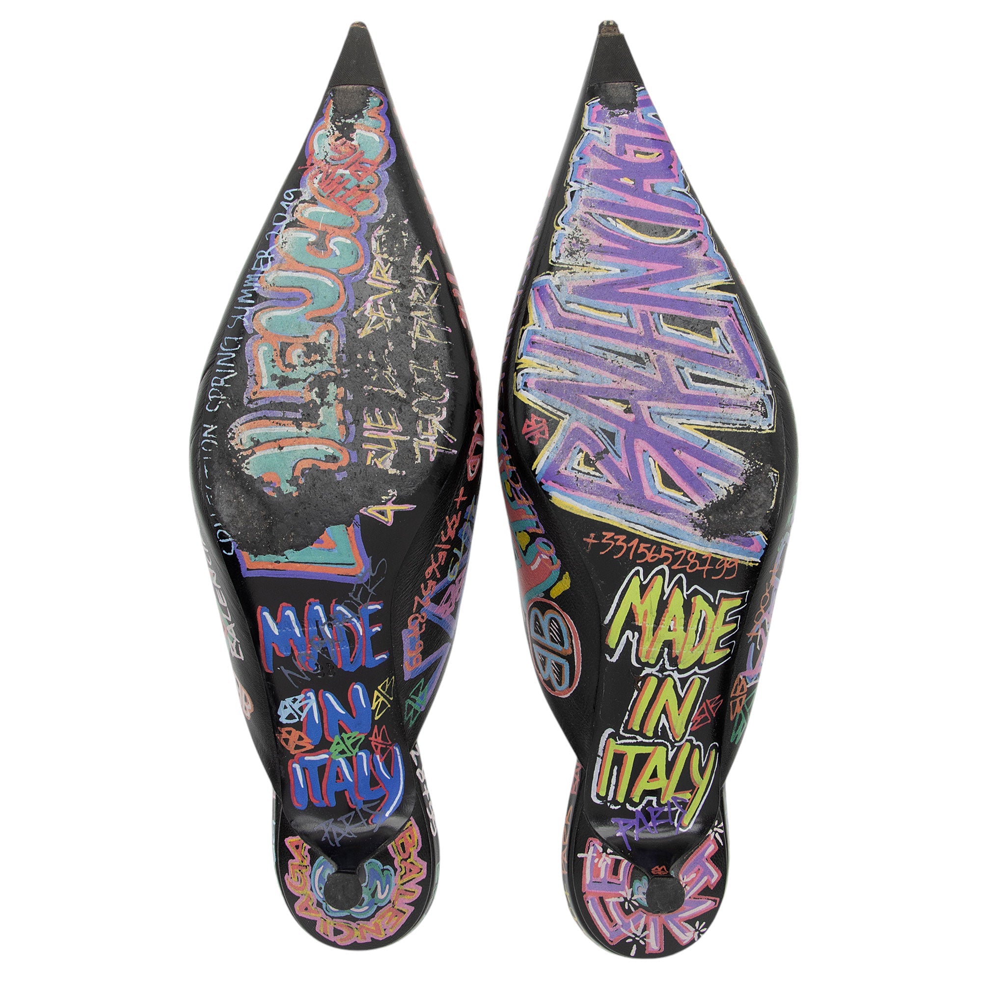 Balenciaga Leather Graffiti Knife Kitten Heel Mules - Size 8 / 38 (SHF-o5LLj3)