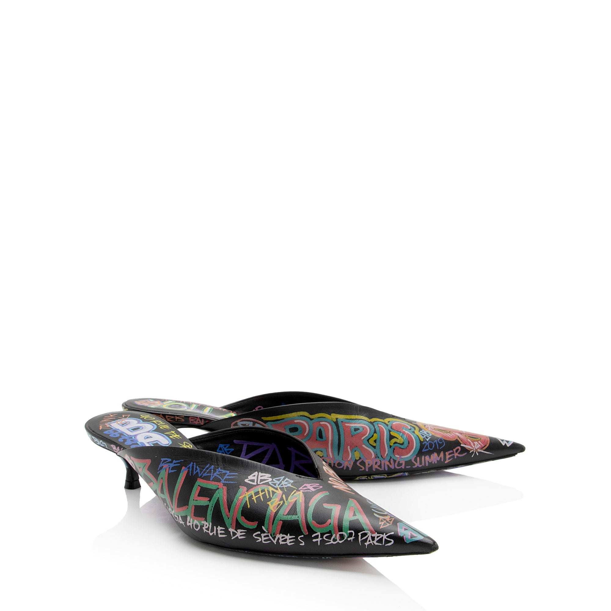Balenciaga Leather Graffiti Knife Kitten Heel Mules - Size 8 / 38 (SHF-o5LLj3)