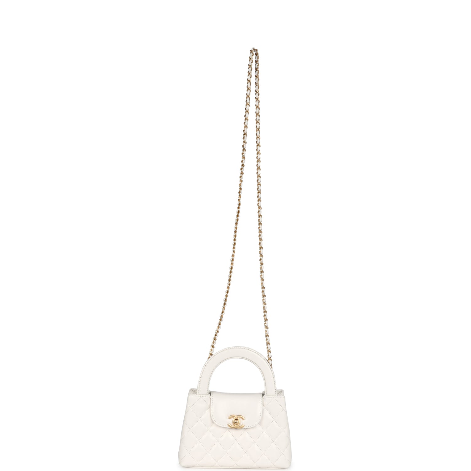 Chanel Small Kelly Shopper White Shiny Aged Calfskin Brushed Gold Hardware