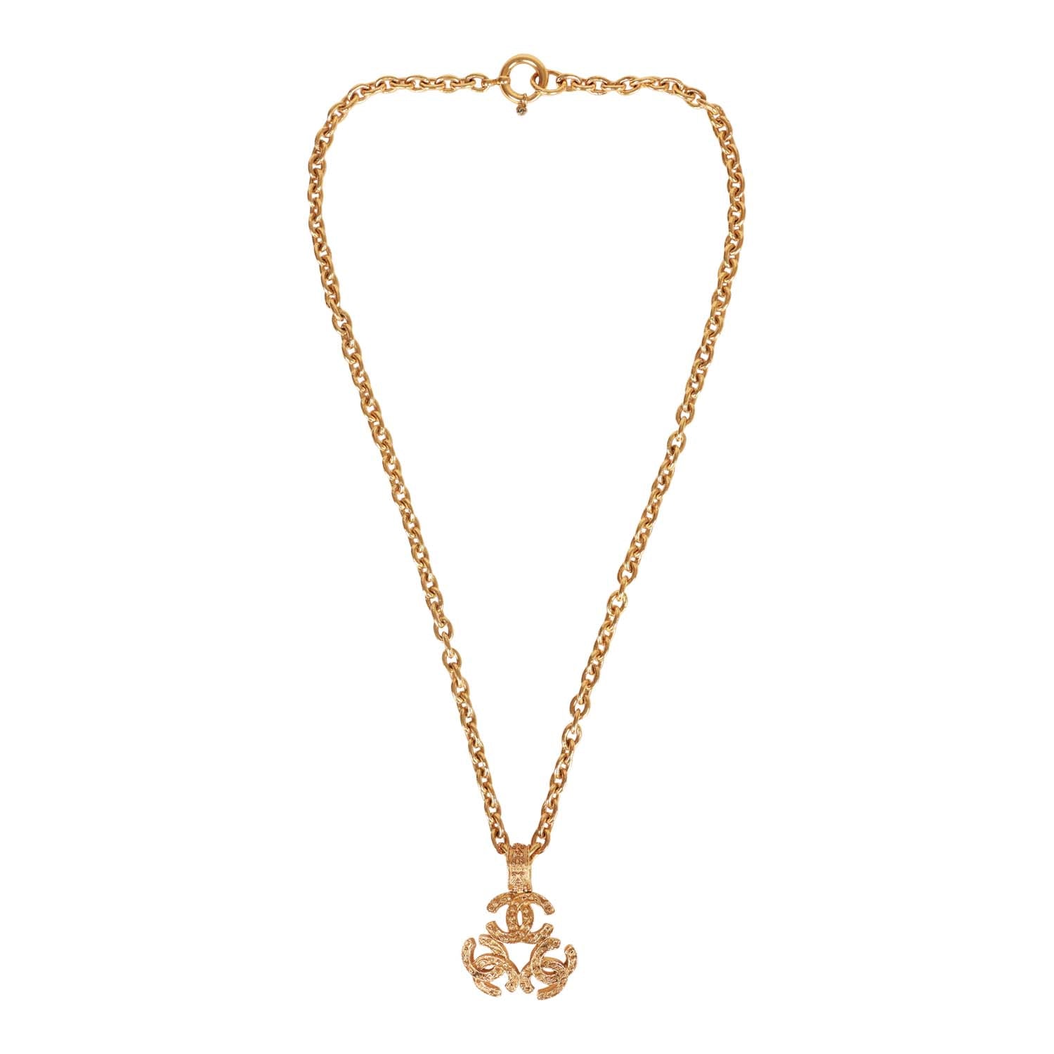 Vintage Chanel 24K Gold Plated Triple Interlocking CC Pendant Necklace