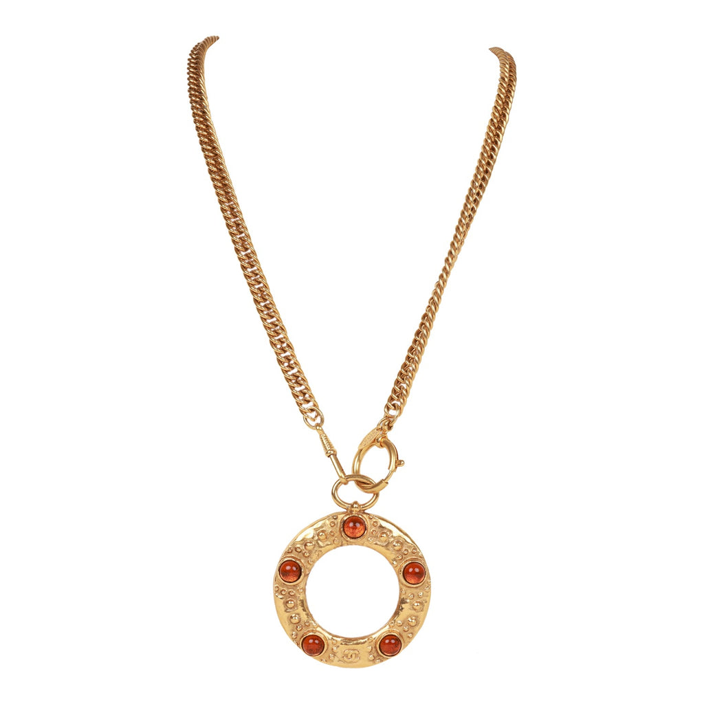 Vintage Chanel 24K Gold Plated Amber Gripoix Loupe Pendant Necklace