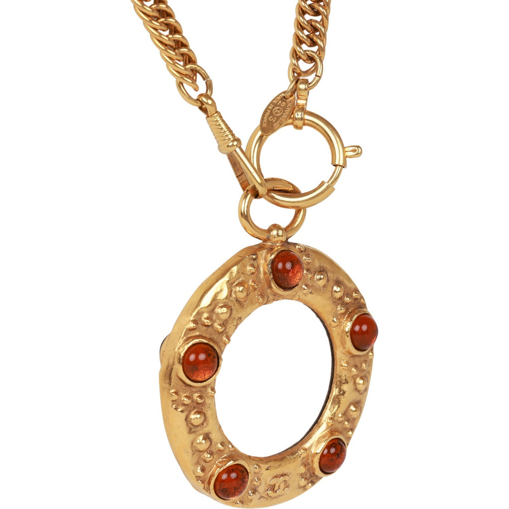 Vintage Chanel 24K Gold Plated Amber Gripoix Loupe Pendant Necklace