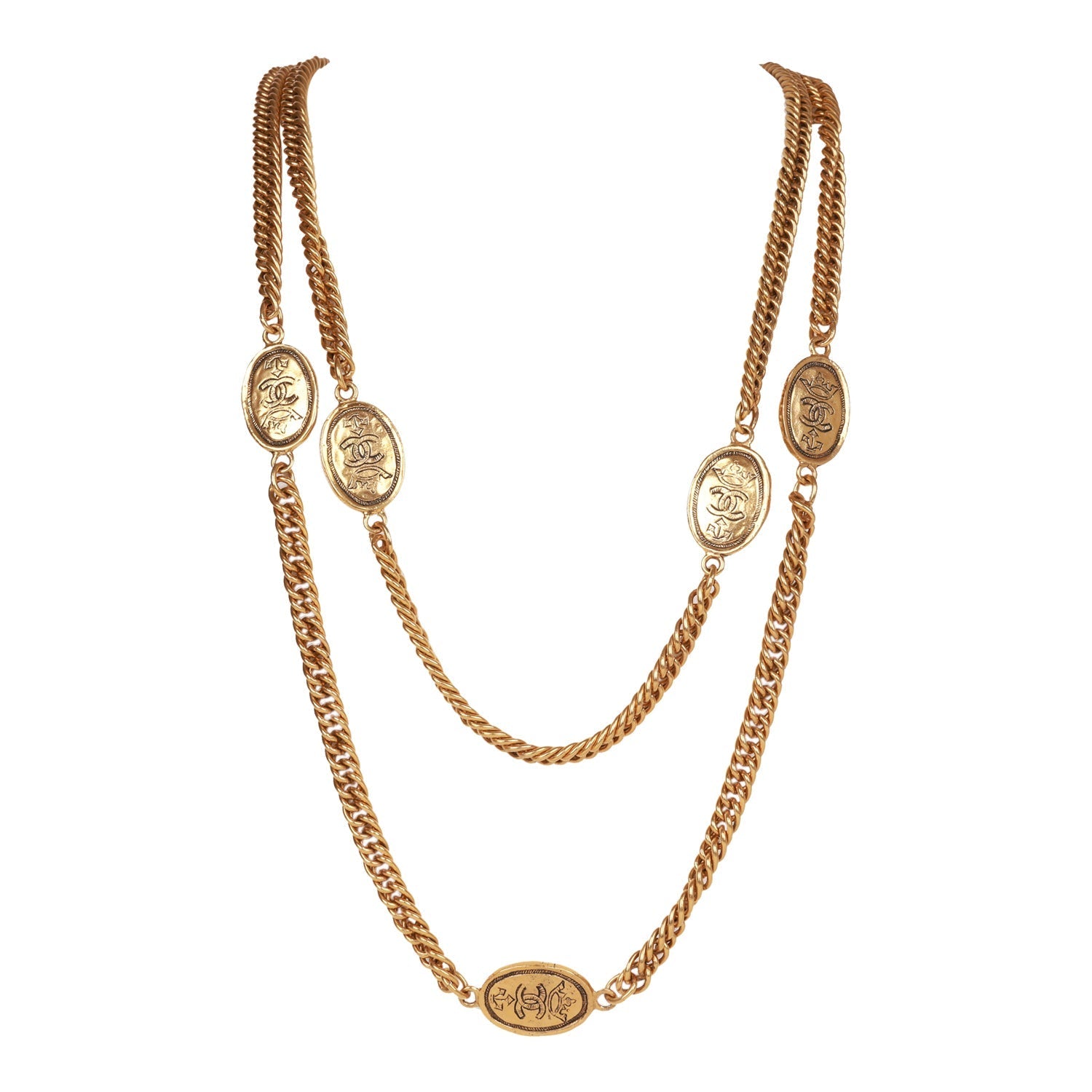 Vintage Chanel 24K Gold Plated CC Oval Coin Charm Sautoir Necklace