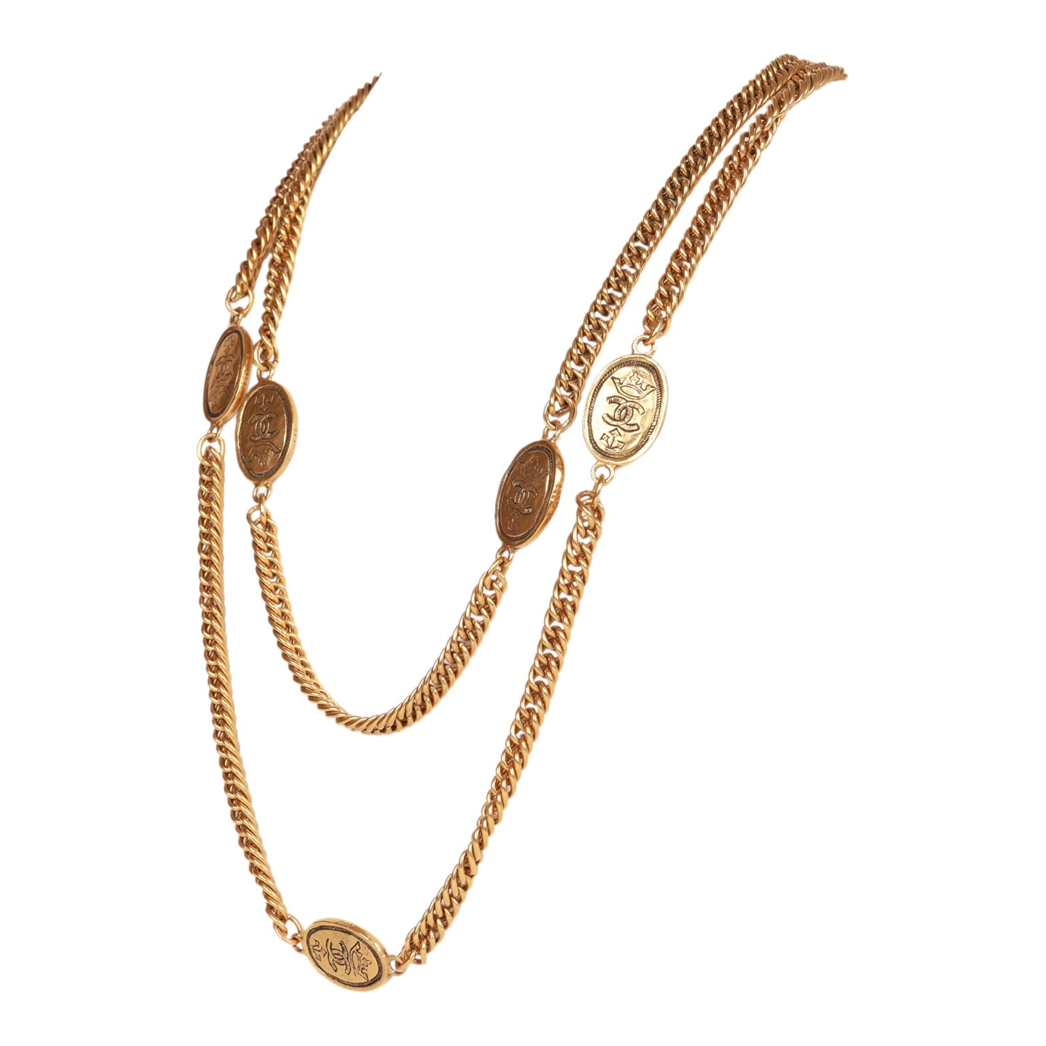Vintage Chanel 24K Gold Plated CC Oval Coin Charm Sautoir Necklace