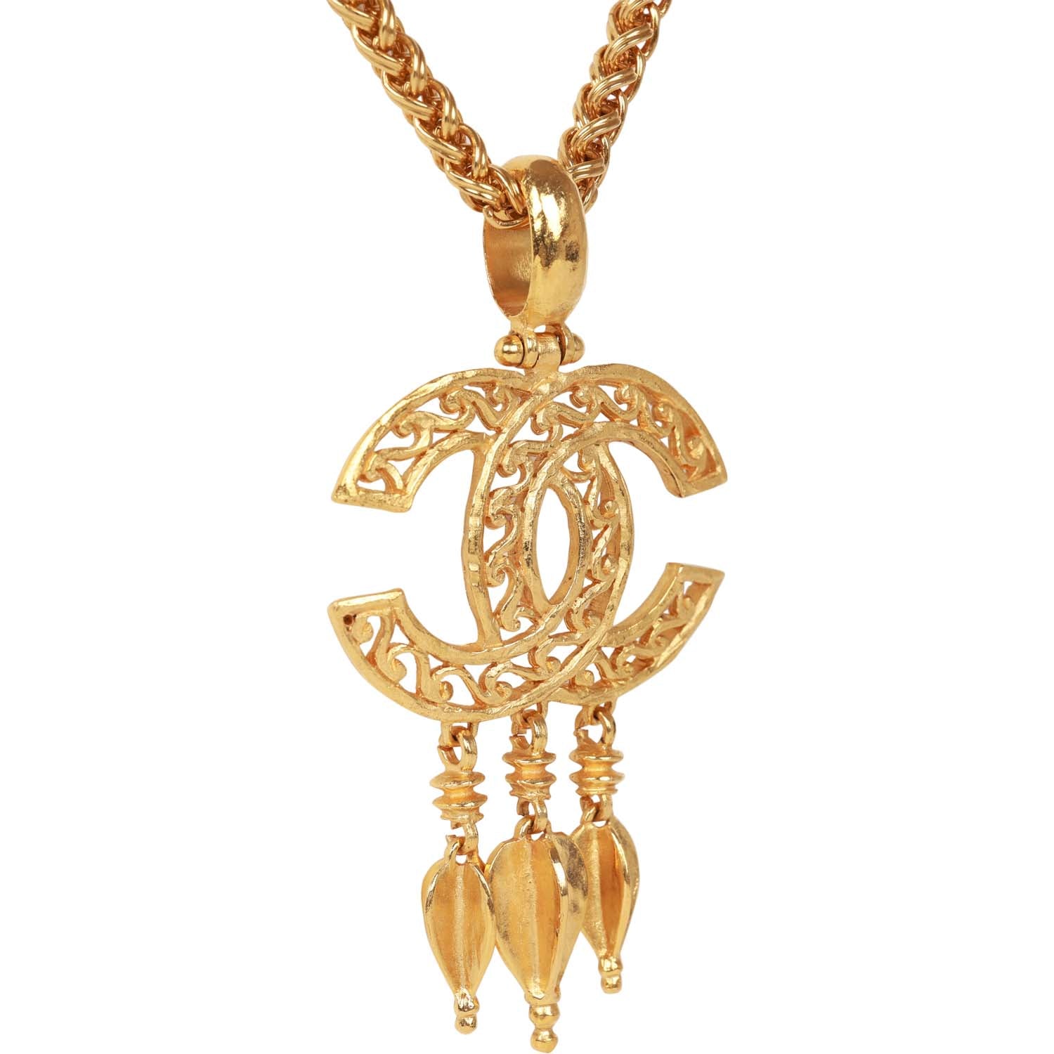 Vintage Chanel 24K Gold Plated Filigree Cut-Out CC Pendant Necklace