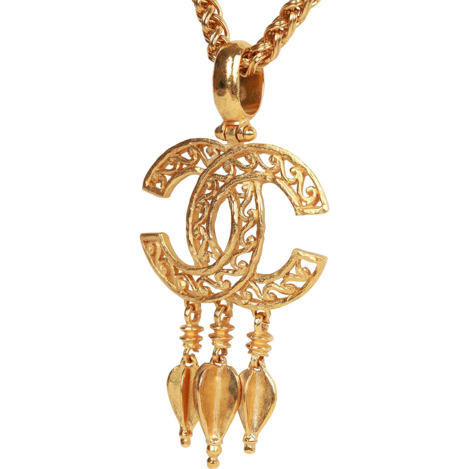 Vintage Chanel 24K Gold Plated Filigree Cut-Out CC Pendant Necklace