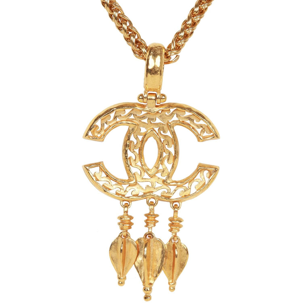 Vintage Chanel 24K Gold Plated Filigree Cut-Out CC Pendant Necklace