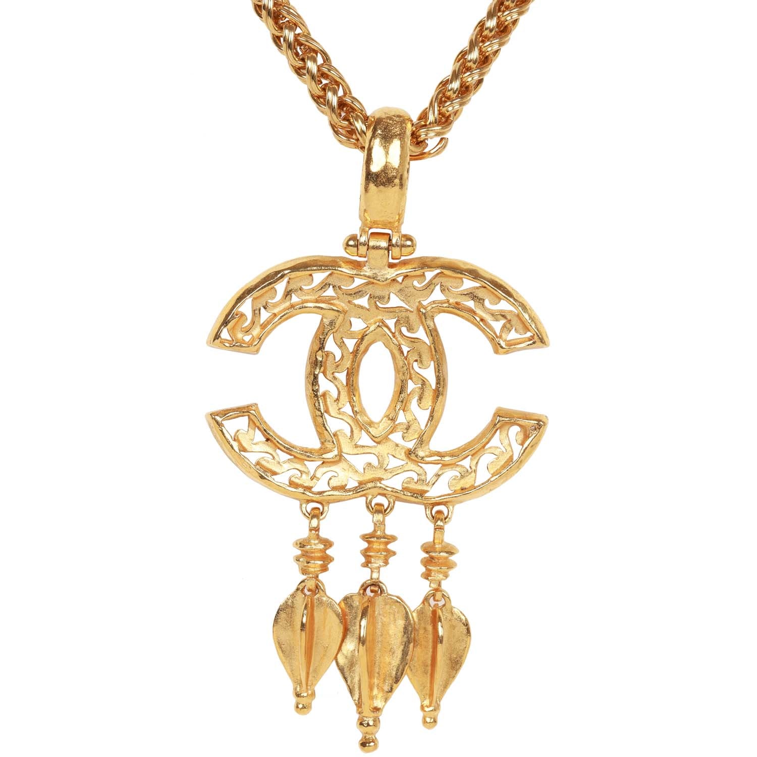 Vintage Chanel 24K Gold Plated Filigree Cut-Out CC Pendant Necklace