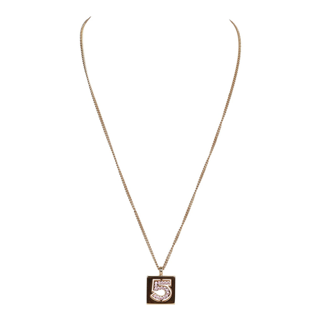 Vintage Chanel 24K Gold Plated Pink No.5 Rhinestone Pendant Necklace