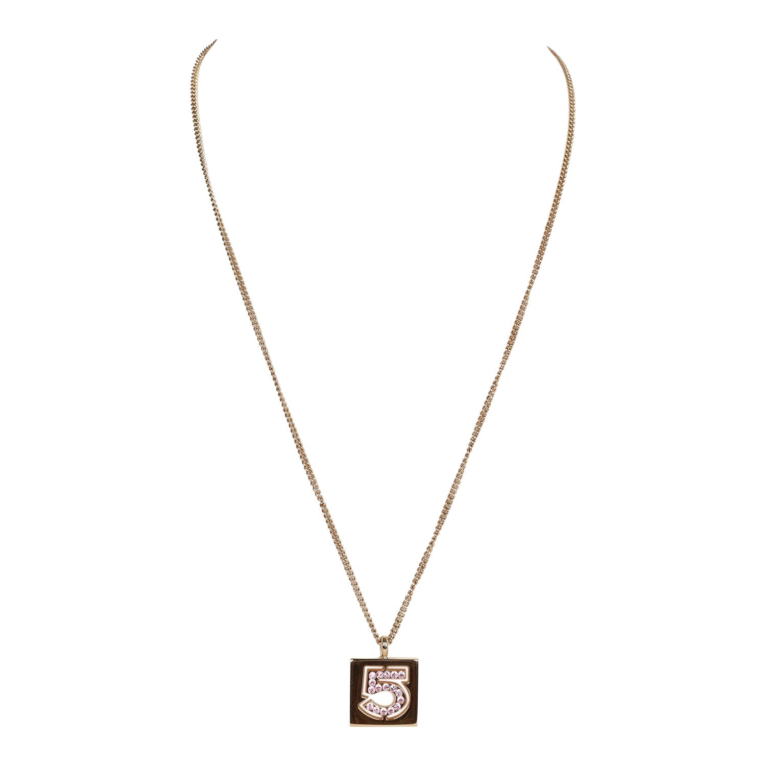 Vintage Chanel 24K Gold Plated Pink No.5 Rhinestone Pendant Necklace