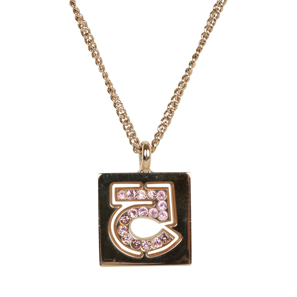 Vintage Chanel 24K Gold Plated Pink No.5 Rhinestone Pendant Necklace