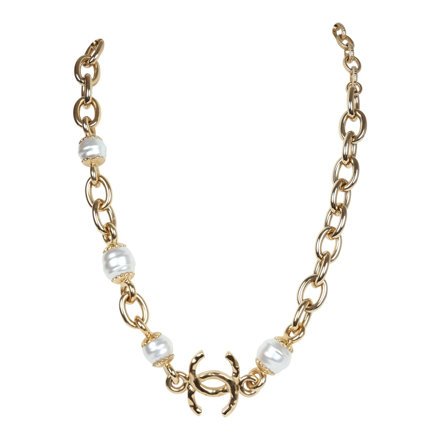 Chanel CC Gold Tone Metal Pearl Necklace Gold Hardware