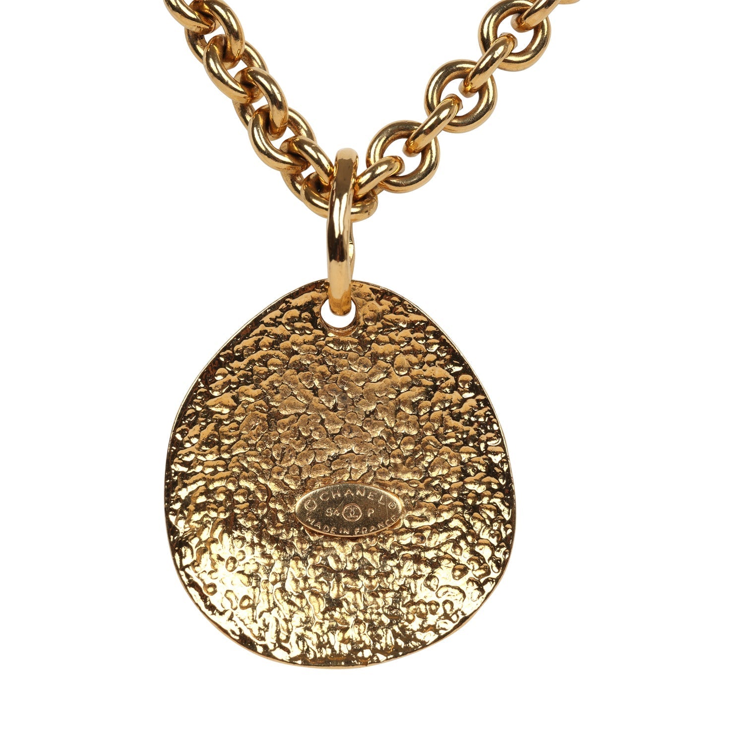 Vintage Chanel 24K Gold Plated CC Quilted Oval Pendant Necklace