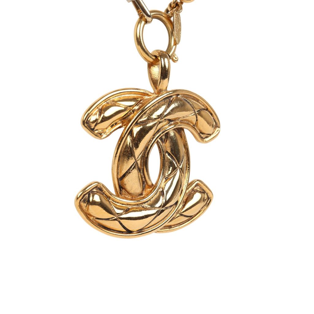 Vintage Chanel 24K Gold Plated Large CC Quilted Pendant Necklace