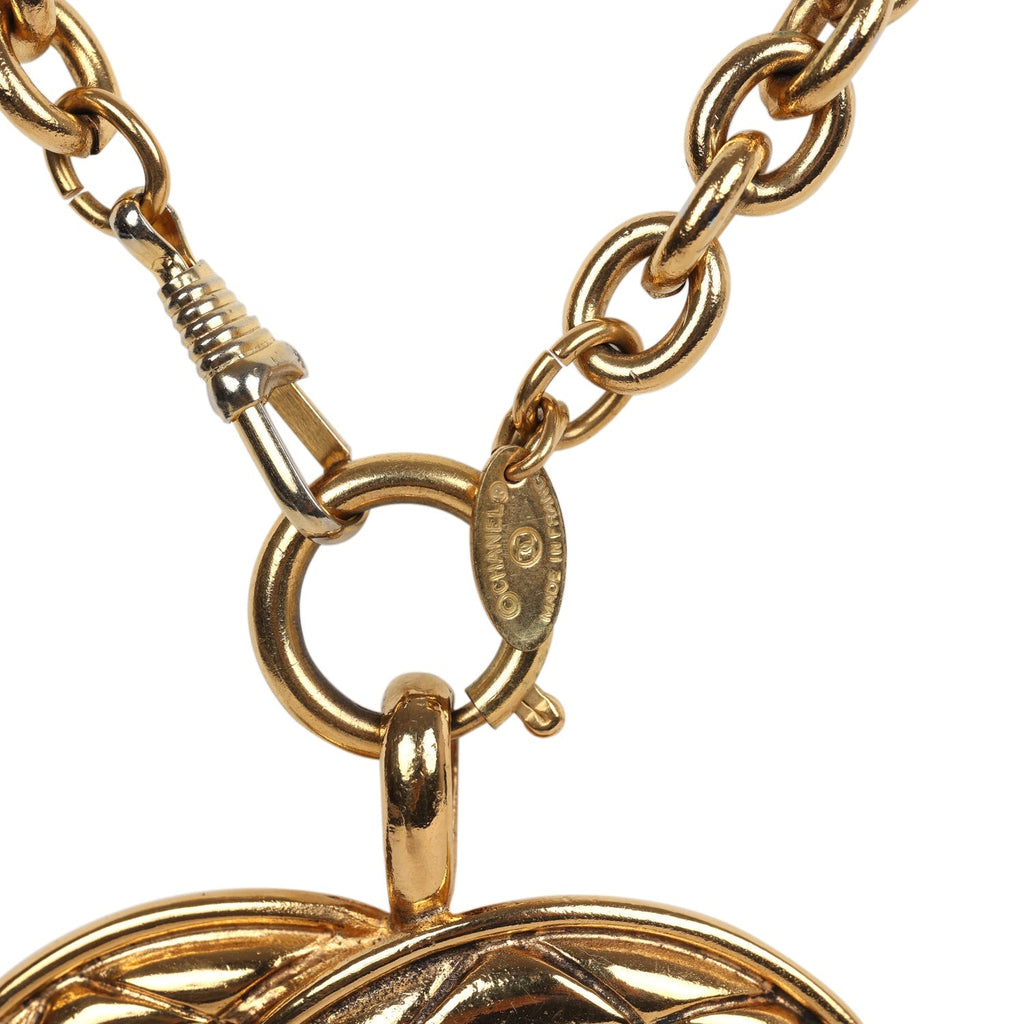 Vintage Chanel 24K Gold Plated Large CC Quilted Pendant Necklace