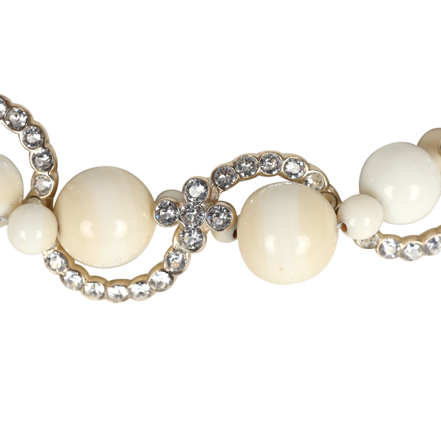 Chanel CC Faux Crystal Beaded Choker Necklace Beige and White Light Gold Tone Hardware
