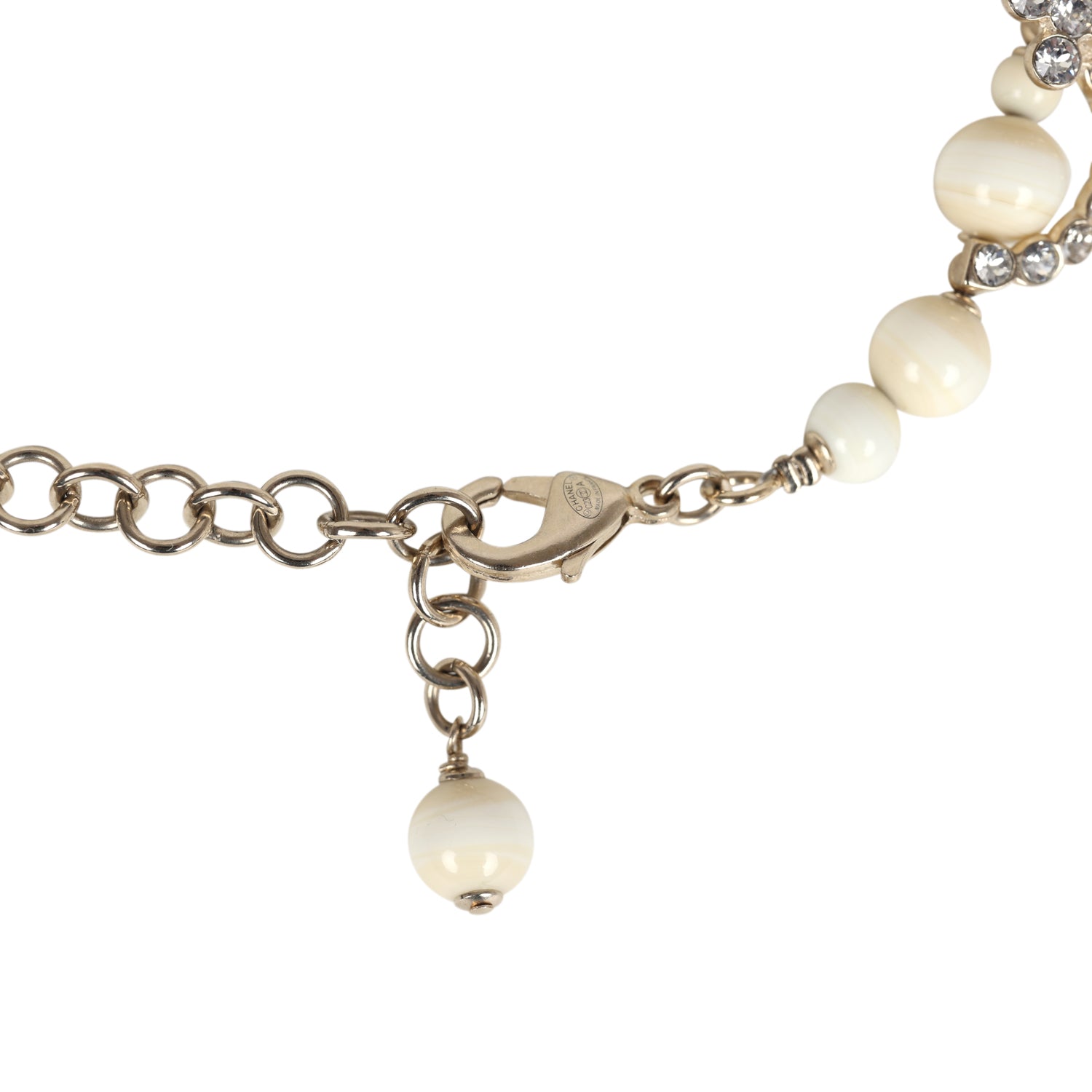Chanel CC Faux Crystal Beaded Choker Necklace Beige and White Light Gold Tone Hardware