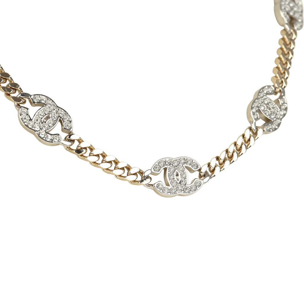 Chanel Crystal CC Choker Necklace Silver Tone and Light Gold Tone Hardware