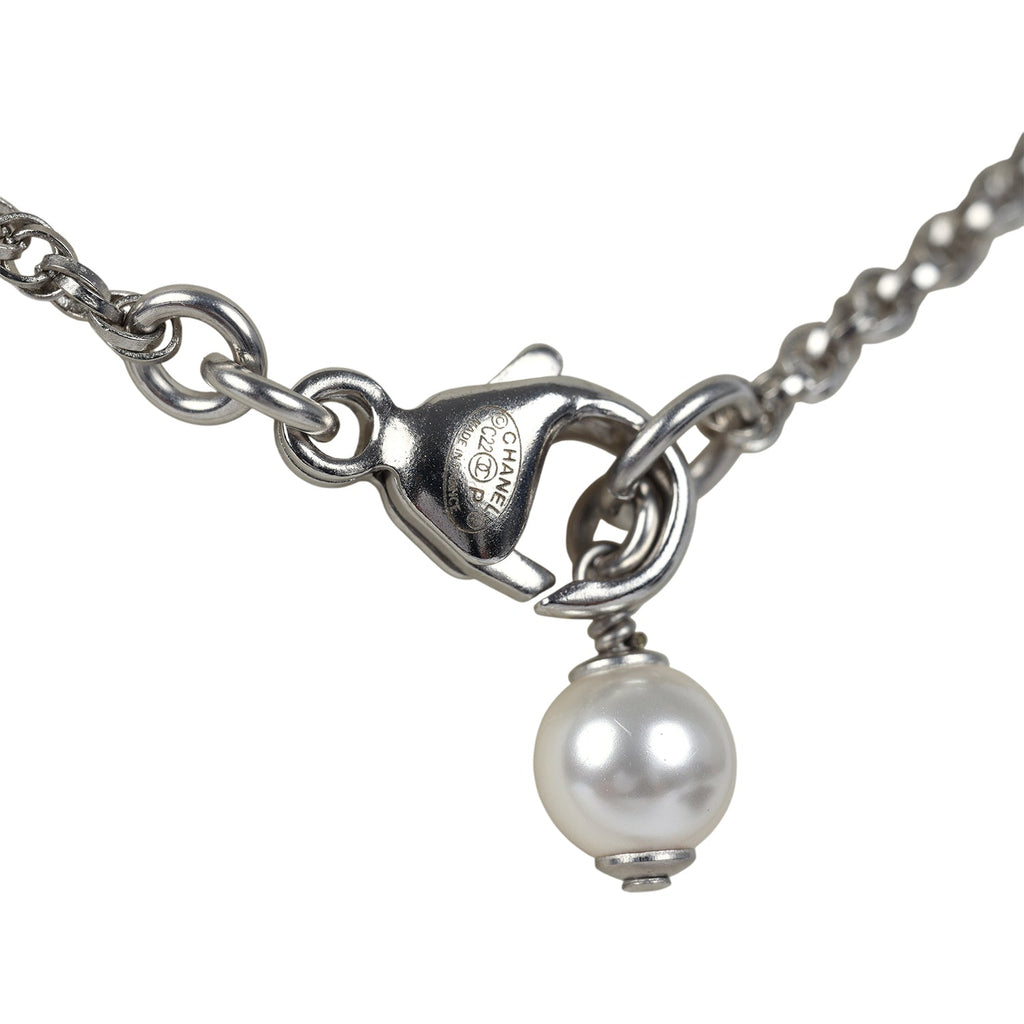 Chanel Faux Pearl and Crystal CC Pendant Necklace Silver Tone Hardware