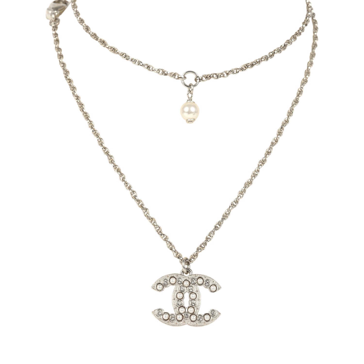 Chanel Faux Pearl and Crystal CC Pendant Necklace Silver Tone Hardware