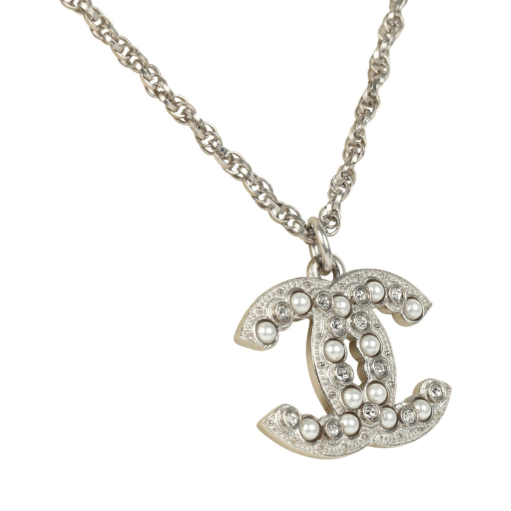 Chanel Faux Pearl and Crystal CC Pendant Necklace Silver Tone Hardware