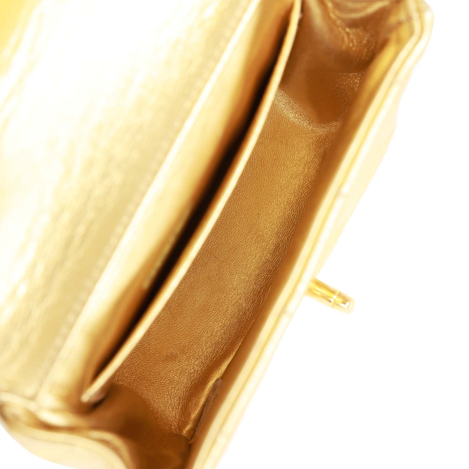 Vintage Chanel Mini Top Handle Kelly Child Flap Bag Gold Metallic Lambskin Gold Hardware