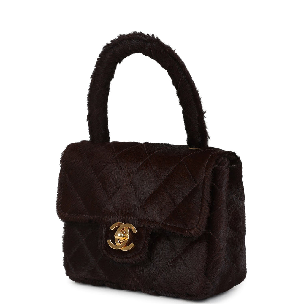 Vintage Chanel Micro Kelly Child Dark Brown Pony Hair Gold Hardware