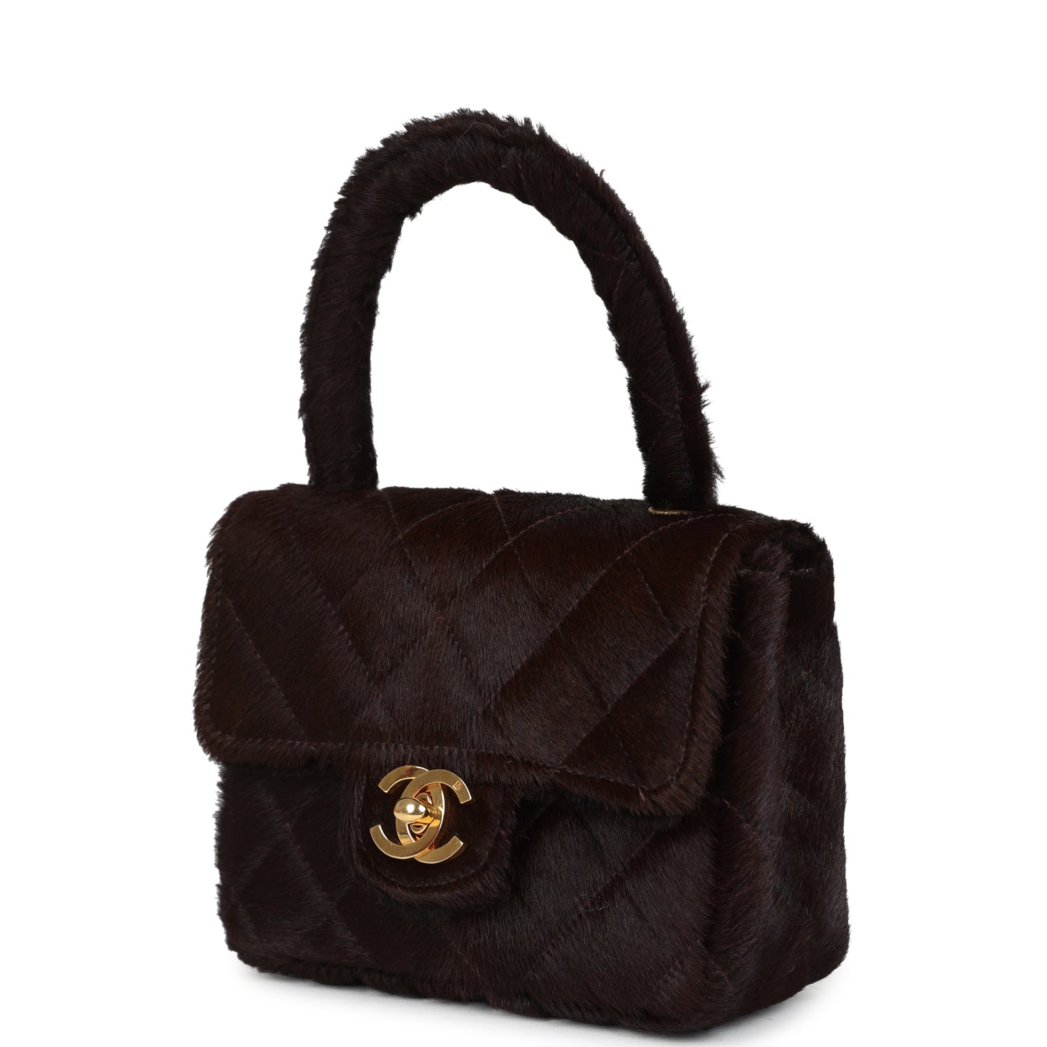 Vintage Chanel Micro Kelly Child Dark Brown Pony Hair Gold Hardware