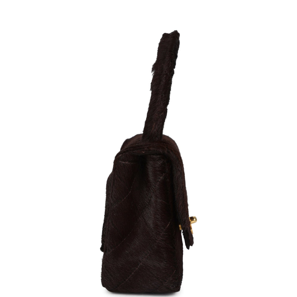 Vintage Chanel Micro Kelly Child Dark Brown Pony Hair Gold Hardware