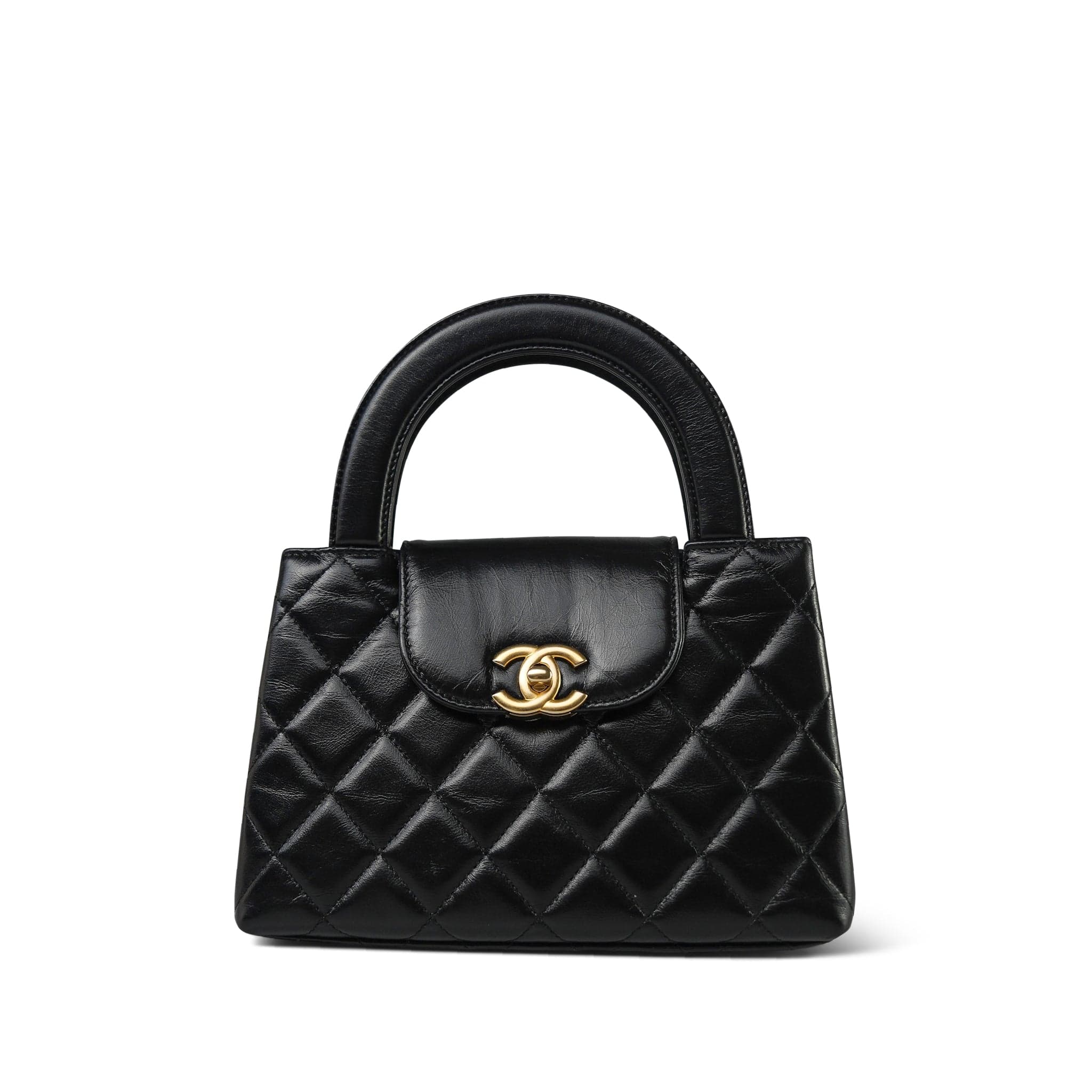 Chanel 23K Black Shiny Aged Calfskin Quilted Nano Kelly Shopper Aged Gold Hardware