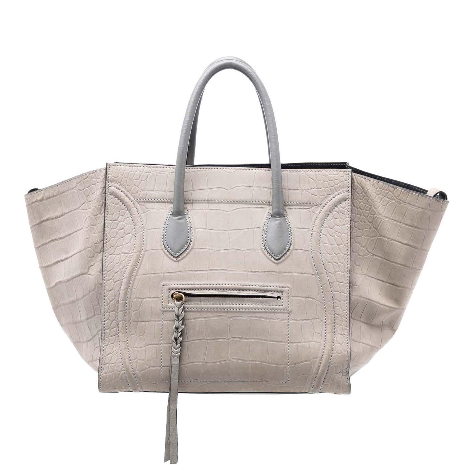 Celine Medium Croc Embossed Leather Luggage Phantom Tote