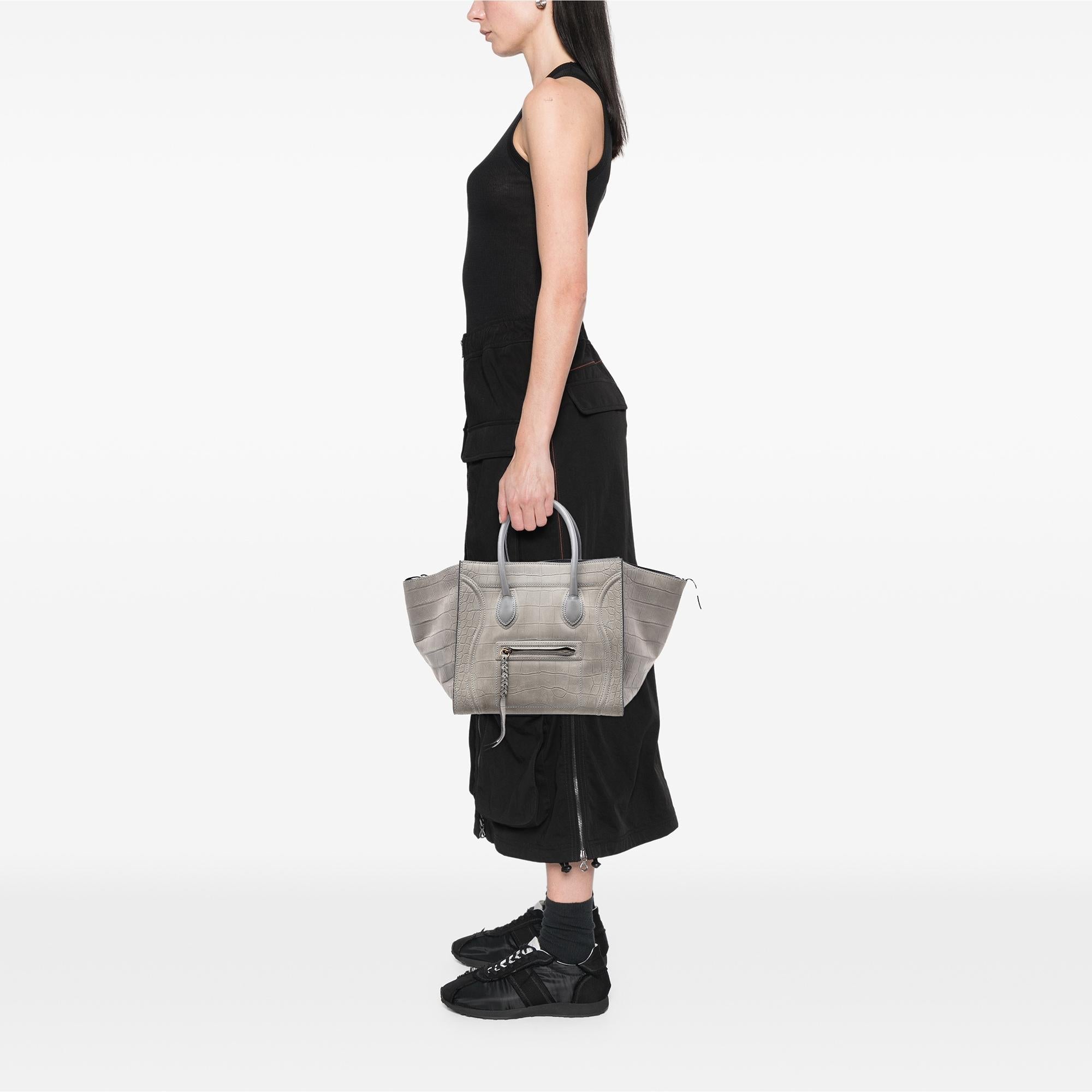 Celine Medium Croc Embossed Leather Luggage Phantom Tote