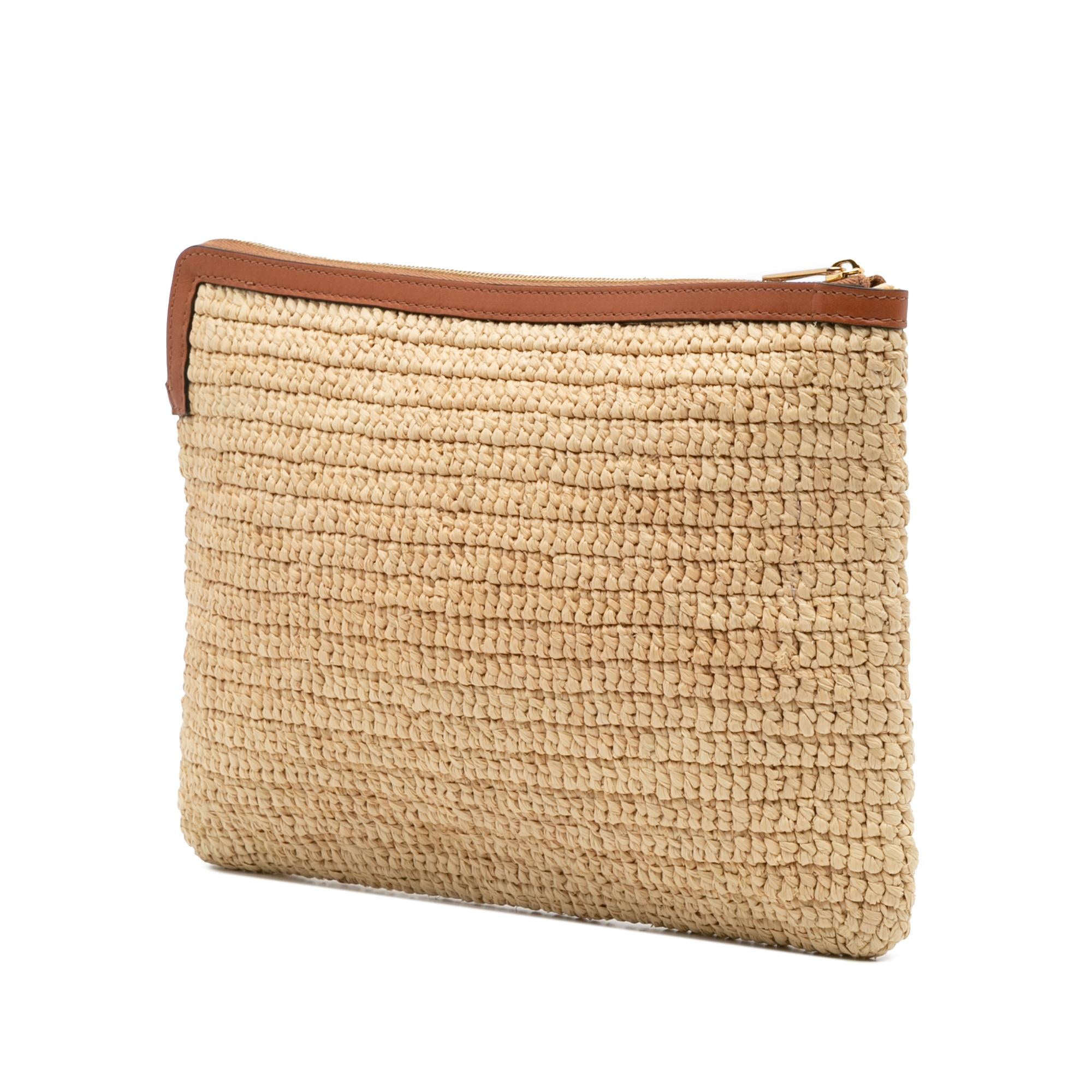 Celine Raffia Cuir Triomphe Zip Pouch