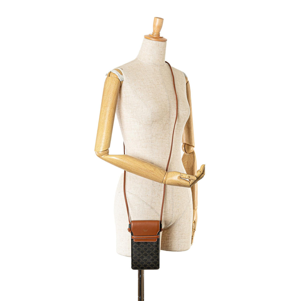 Celine Triomphe Coated Canvas and Lambskin Phone Pouch with Flap