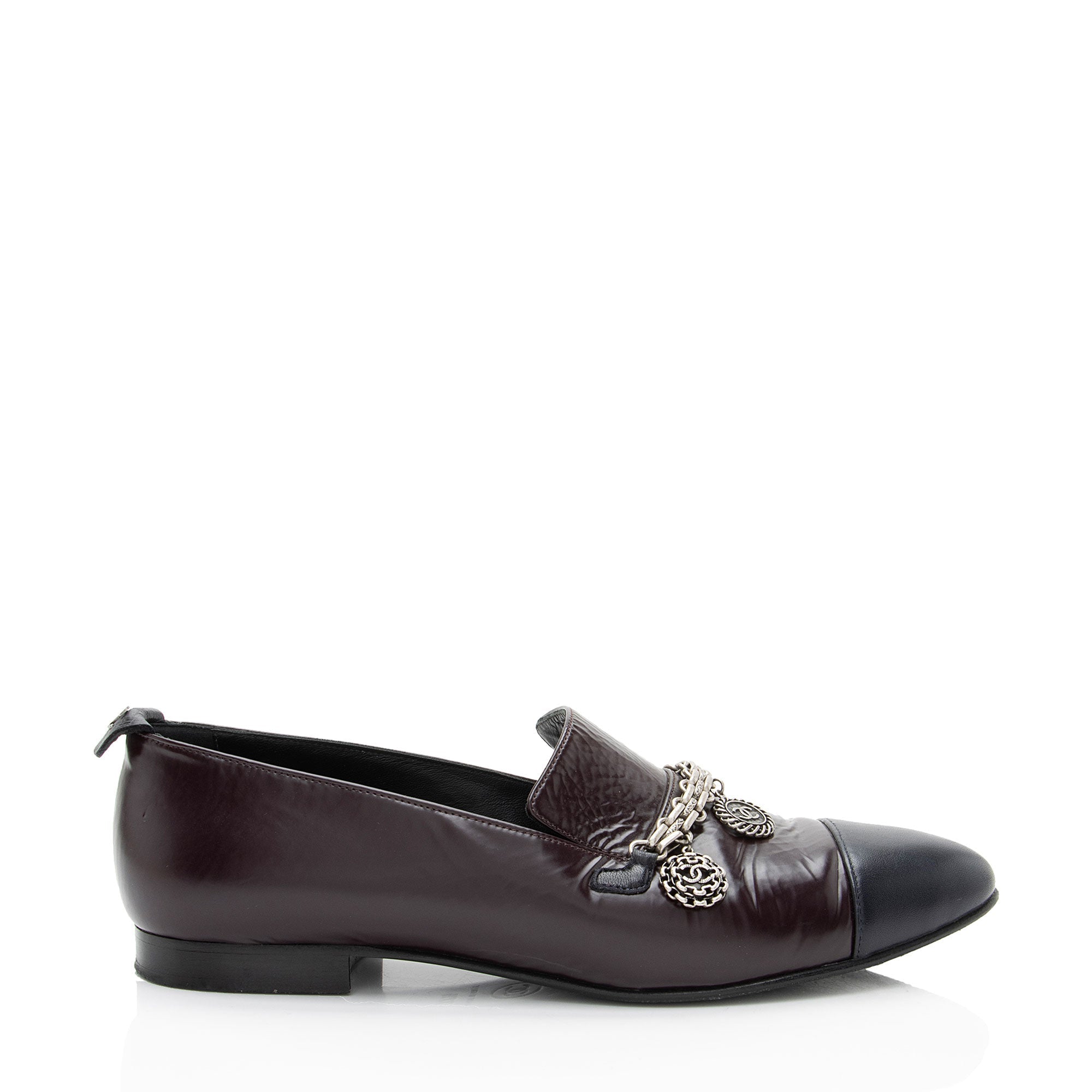 Chanel Crackled Goatskin CC Charm Cap Toe Loafers - Size 7.5 / 37.5