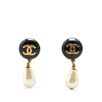 Chanel Gold Plated Faux Pearl CC Drop Clip On Earrings