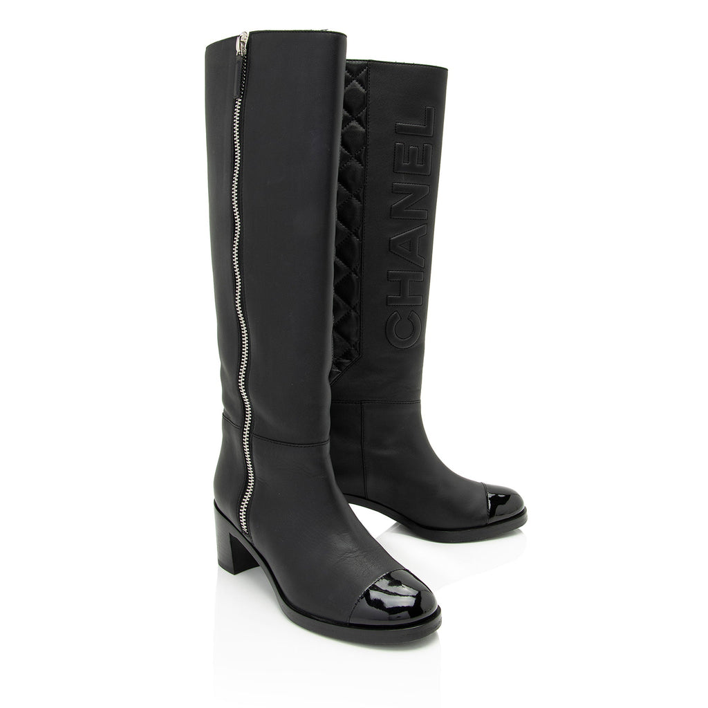 Chanel Quilted Calfskin Patent Leather Cap Toe Logo Boots - Size 7 / 37 (SHF-1bljRC)